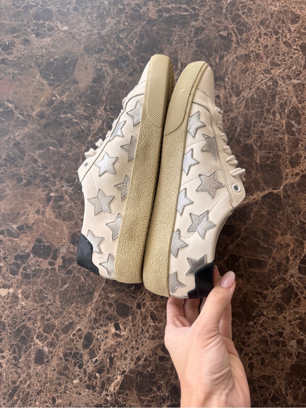 Saint Laurent Cream Sneakers with Silver Star Accents